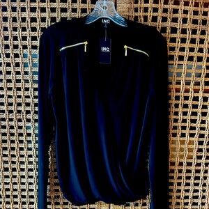 INC International Concepts Black Knit Top with Gold Accents